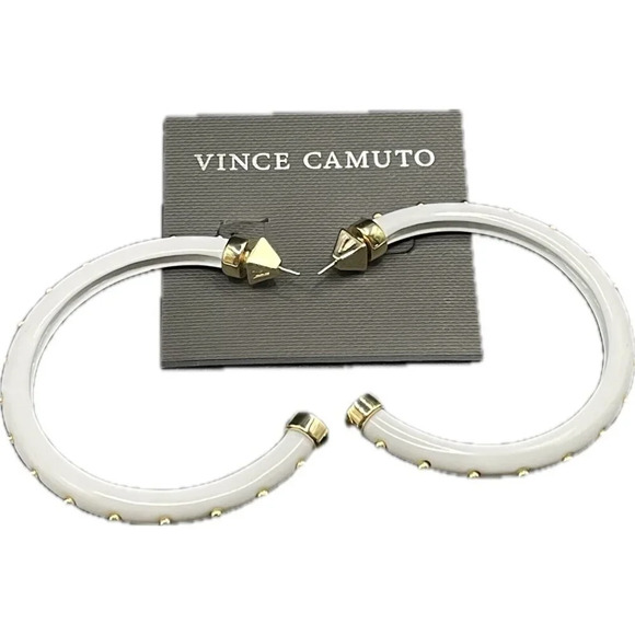 Vince Camuto Large White Metal Gold Round Studded Accent Open Hoop Post Earrings - Picture 3 of 4